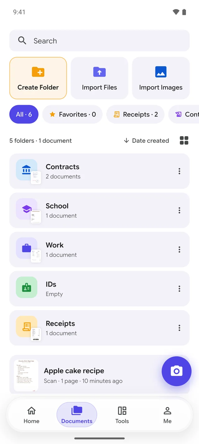 DocSensei documents screen with folders and smart categories