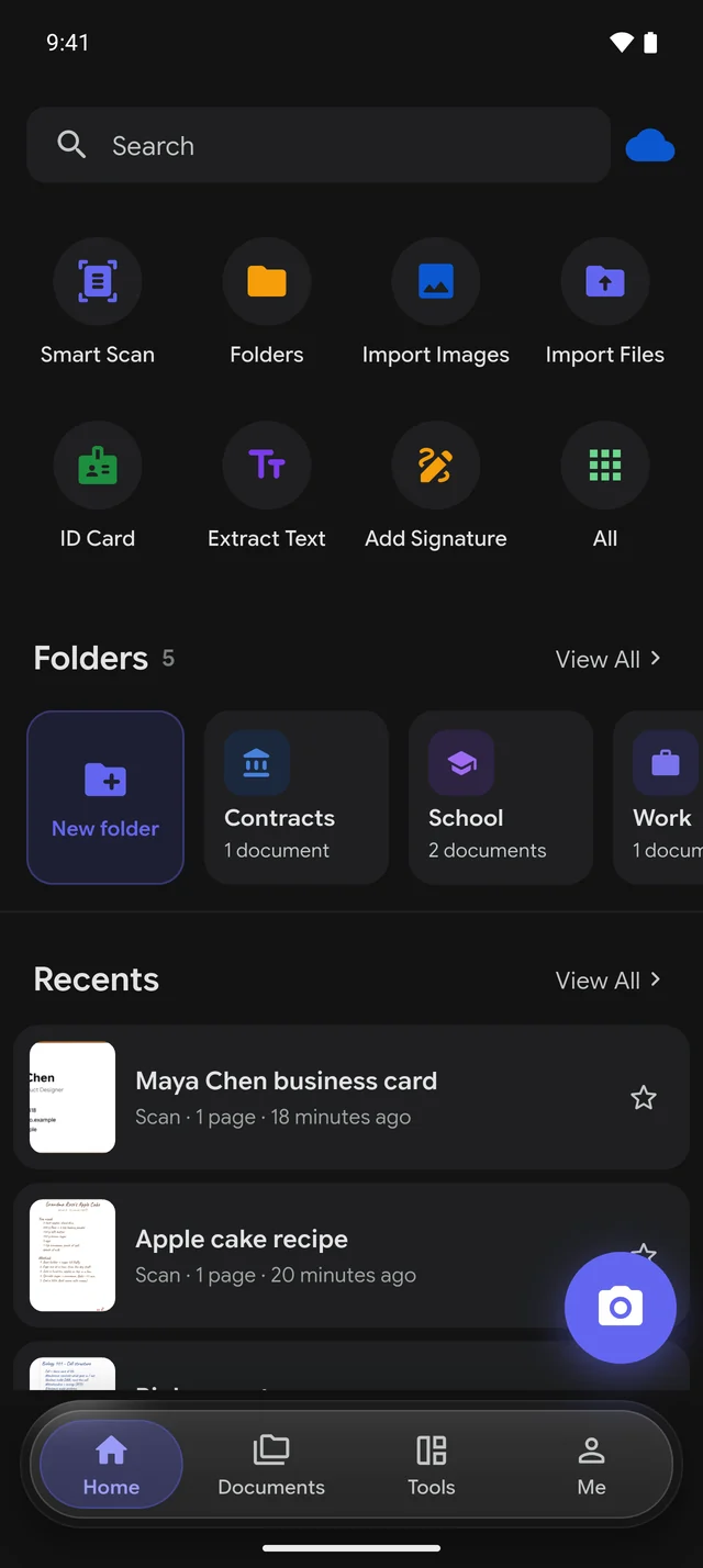 Home screen in dark theme