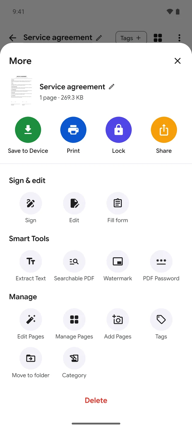 Document actions: save, print, lock, share, sign, fill form and more