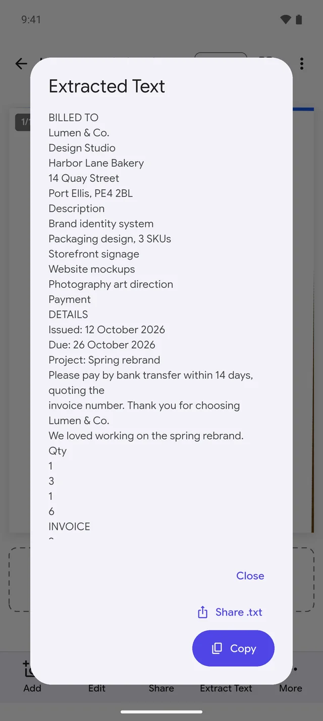 Text extracted from a scanned invoice