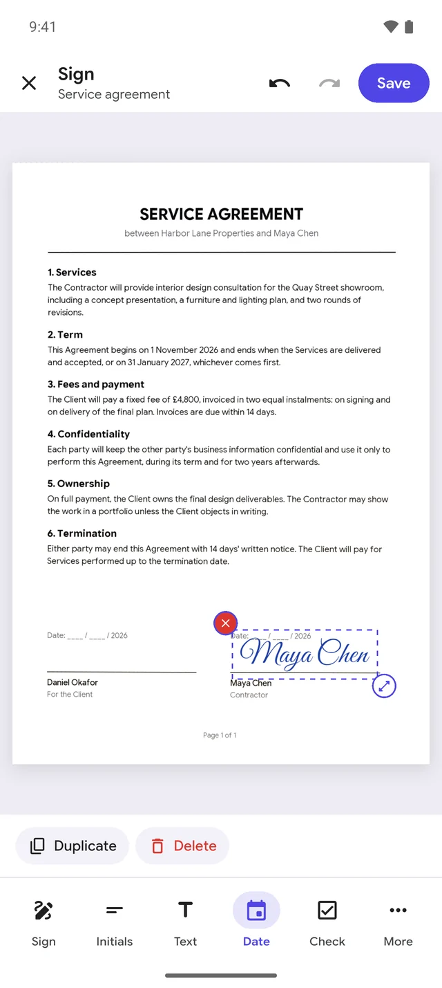 Signing a service agreement in DocSensei's PDF Studio