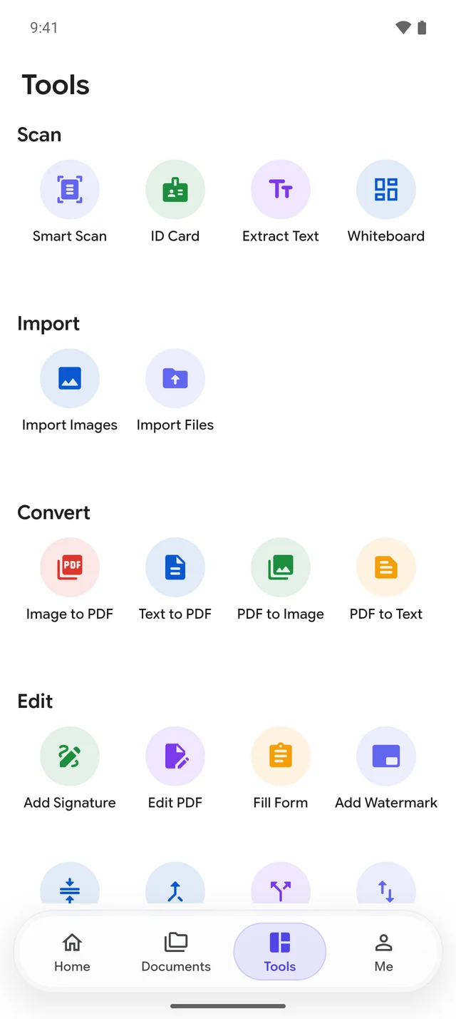 Tools screen listing scan, import, convert and edit tools